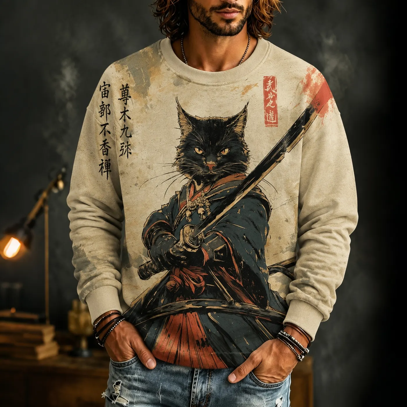 Men's Black Cat Samurai Japanese Art Print Casual Sweatshirt  artssus