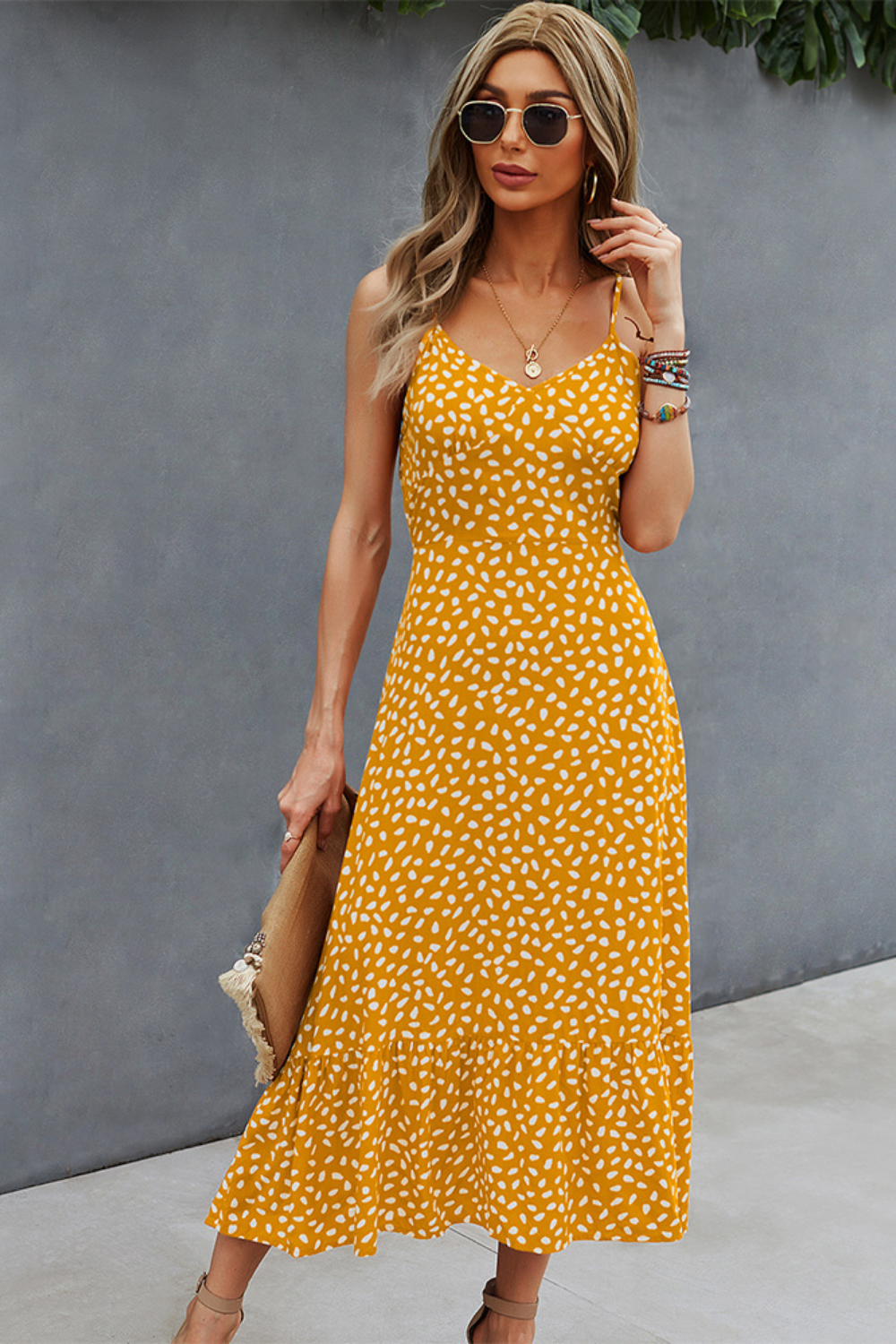 Spring/summer Sexy V-neck Print Slip Casual Midi Dress