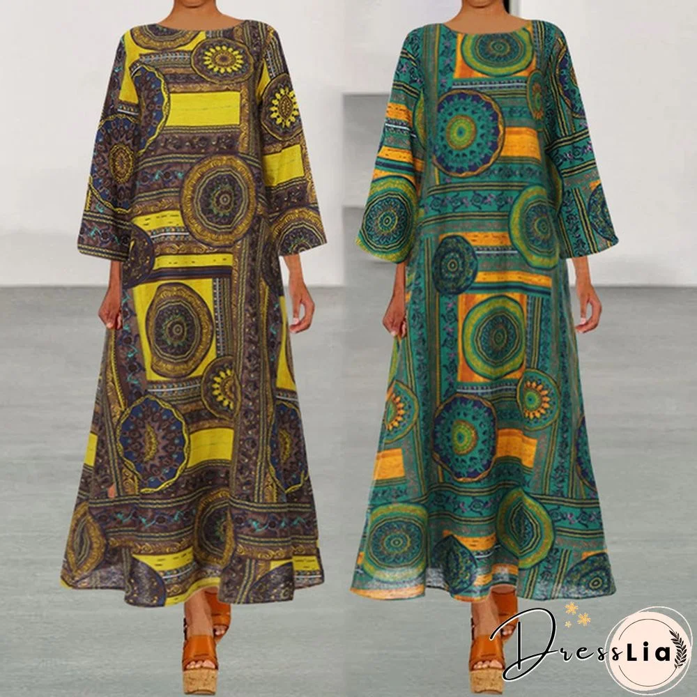 Women Casual Loose Cotton Linen Ethnic Print Dress Long Sleeve Maxi Kaftan Dresses
