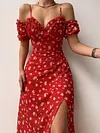 Floral Print Off-The-Shoulder Split-Side Sexy Slim Midi Dress