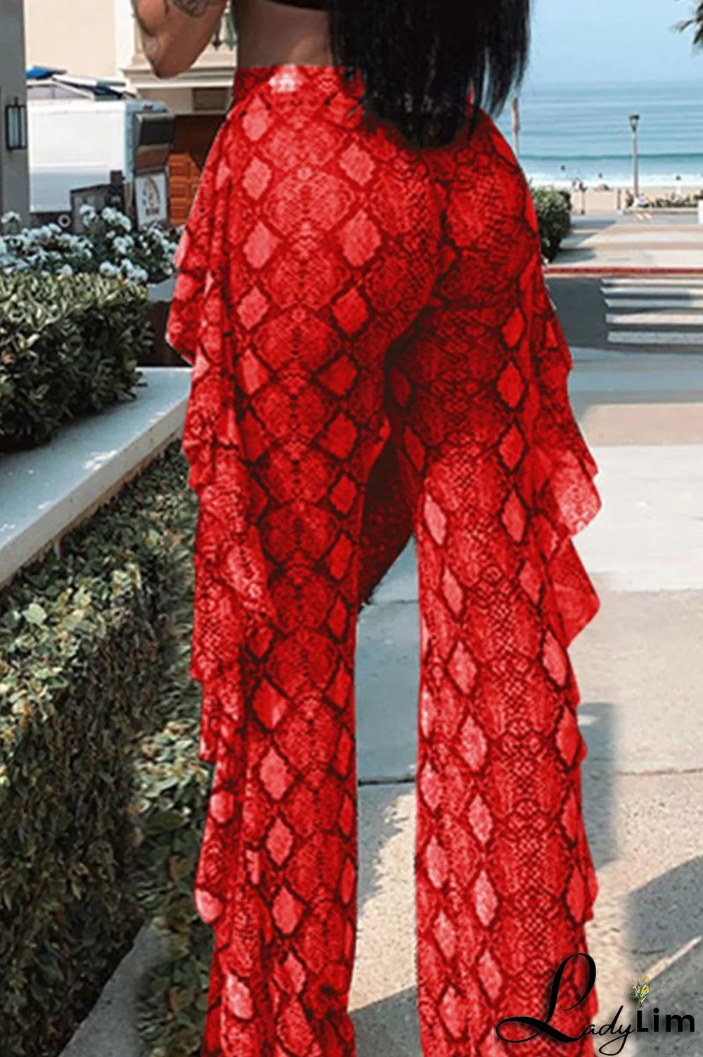 Grey Sexy Print Patchwork Flounce Straight High Waist Straight Full Print Bottoms