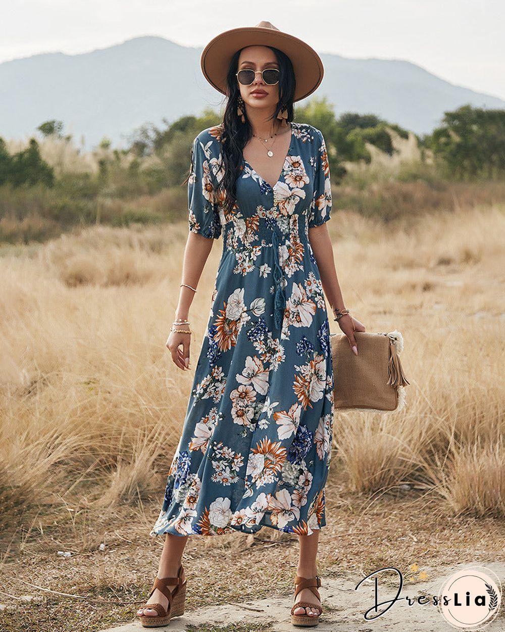 Elegant Short Sleeve V Neck Floral Maxi Dress