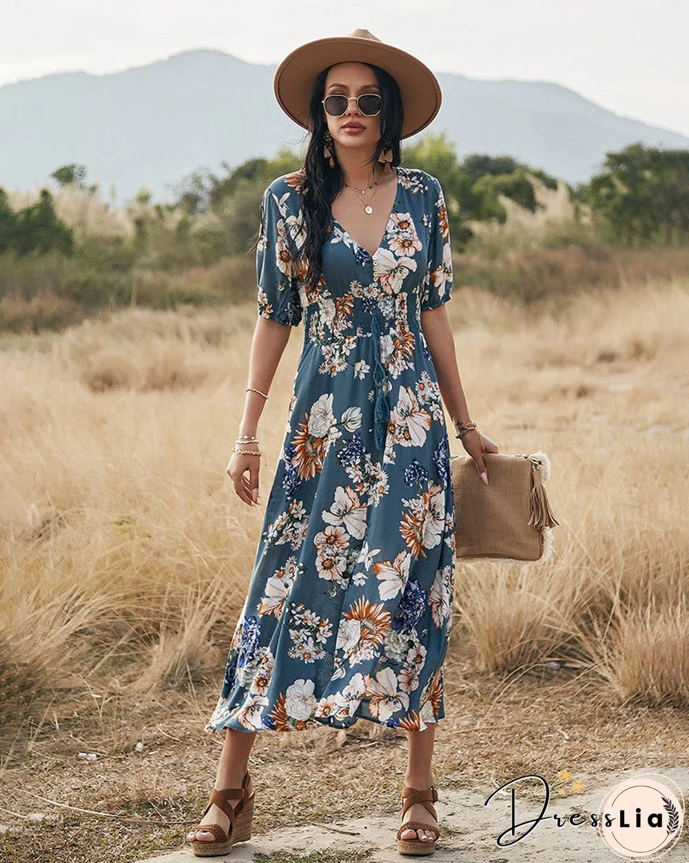 Elegant Short Sleeve V Neck Floral Maxi Dress