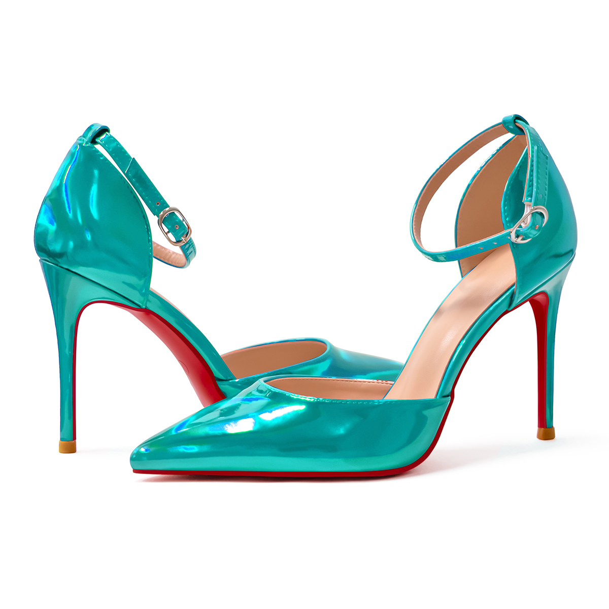 100mm Women's Ankle Strap Pointed Toe Pumps Wedding Party Red Bottoms High Heels Stiletto Shoes-MERUMOTE