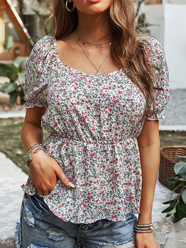 Floral Print Holiday Square Collar Short Sleeve Women Blouse P1849637