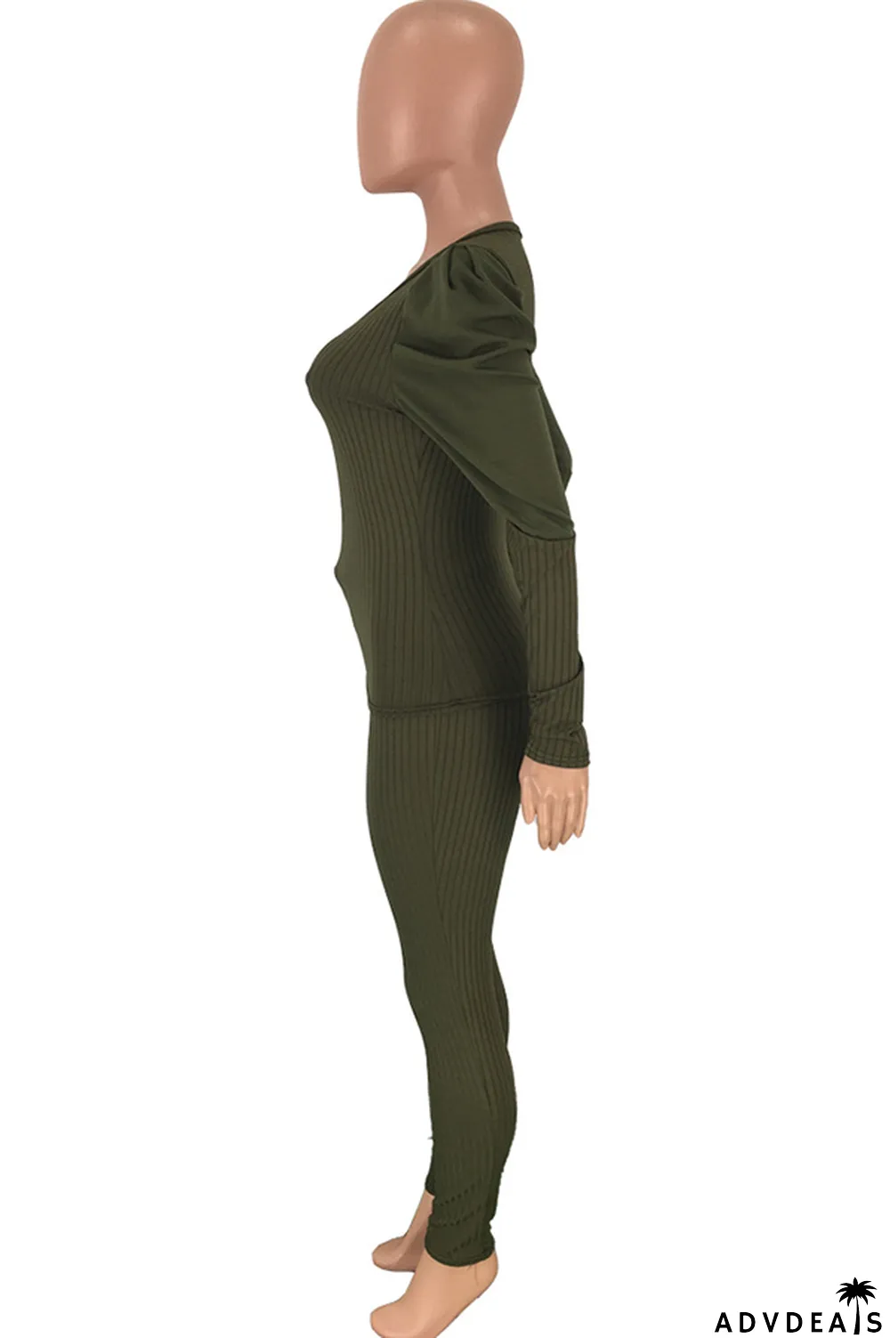 Army Green Polyester Casual Solid Patchwork Two Piece Suits pencil Long Sleeve Two-piece Pants Set