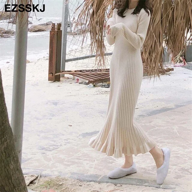 Ezsskj autumn winter thick mermaid maxi sweater dress women o-neck long sweater dress elegant female a-line slim sexy knit dress