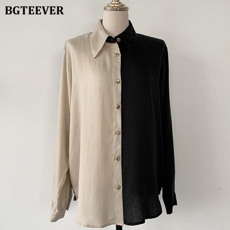 BGTEEVER Spring Chic Women Single-breasted Patchwork Shirts Tops Elegant Turn-down Collar Long Sleeve Loose Female Blouses 2021
