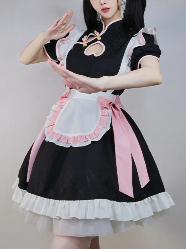 Cosplay Cutout Bowknot Stand Collar Bubble Sleeve Ruffled Mini Maid Dress