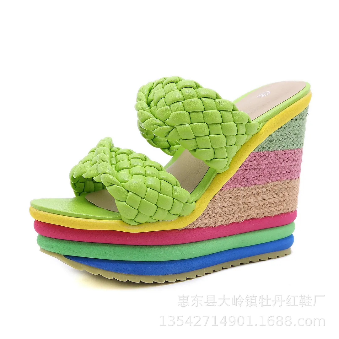 2021 Summer New Platform Wedge Sandals For Women's With Rainbow Color Weave Fish Mouth High Heels
