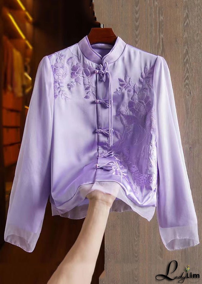 French Black Chinese Button Embroideried Patchwork Silk Tops Long Sleeve
