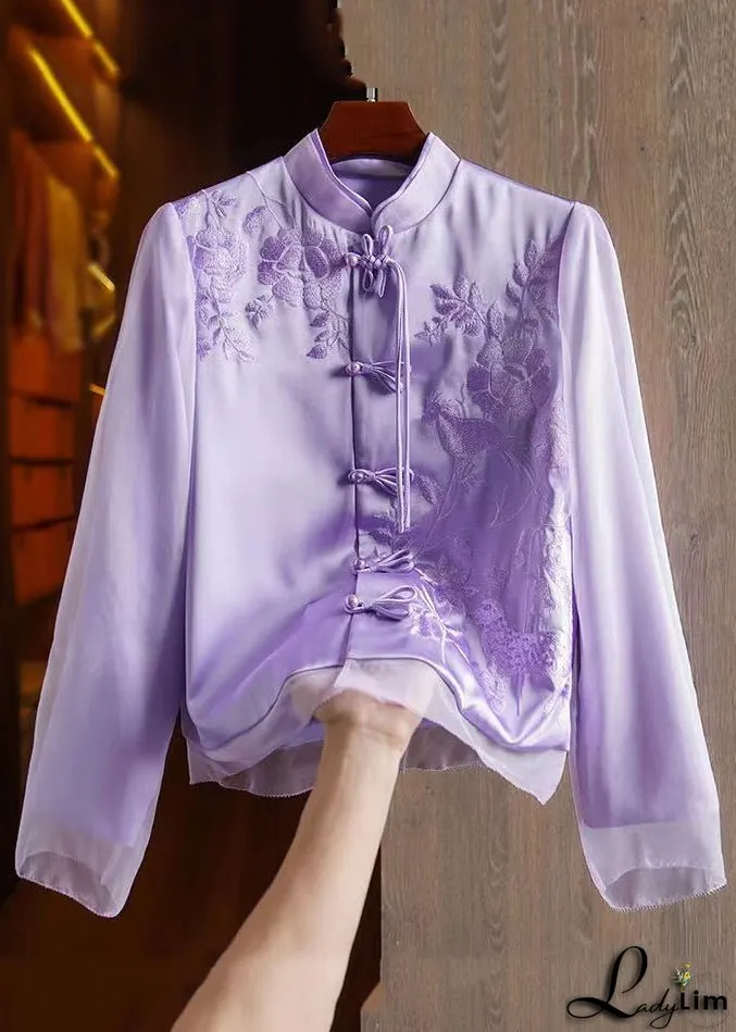 French Black Chinese Button Embroideried Patchwork Silk Tops Long Sleeve