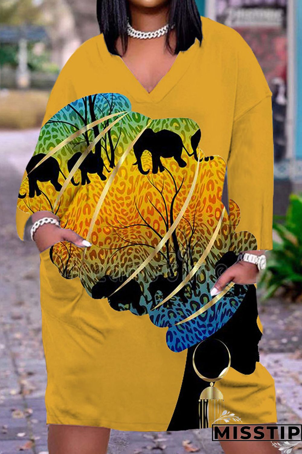 Black Casual Street Print Patchwork V Neck Straight Dresses