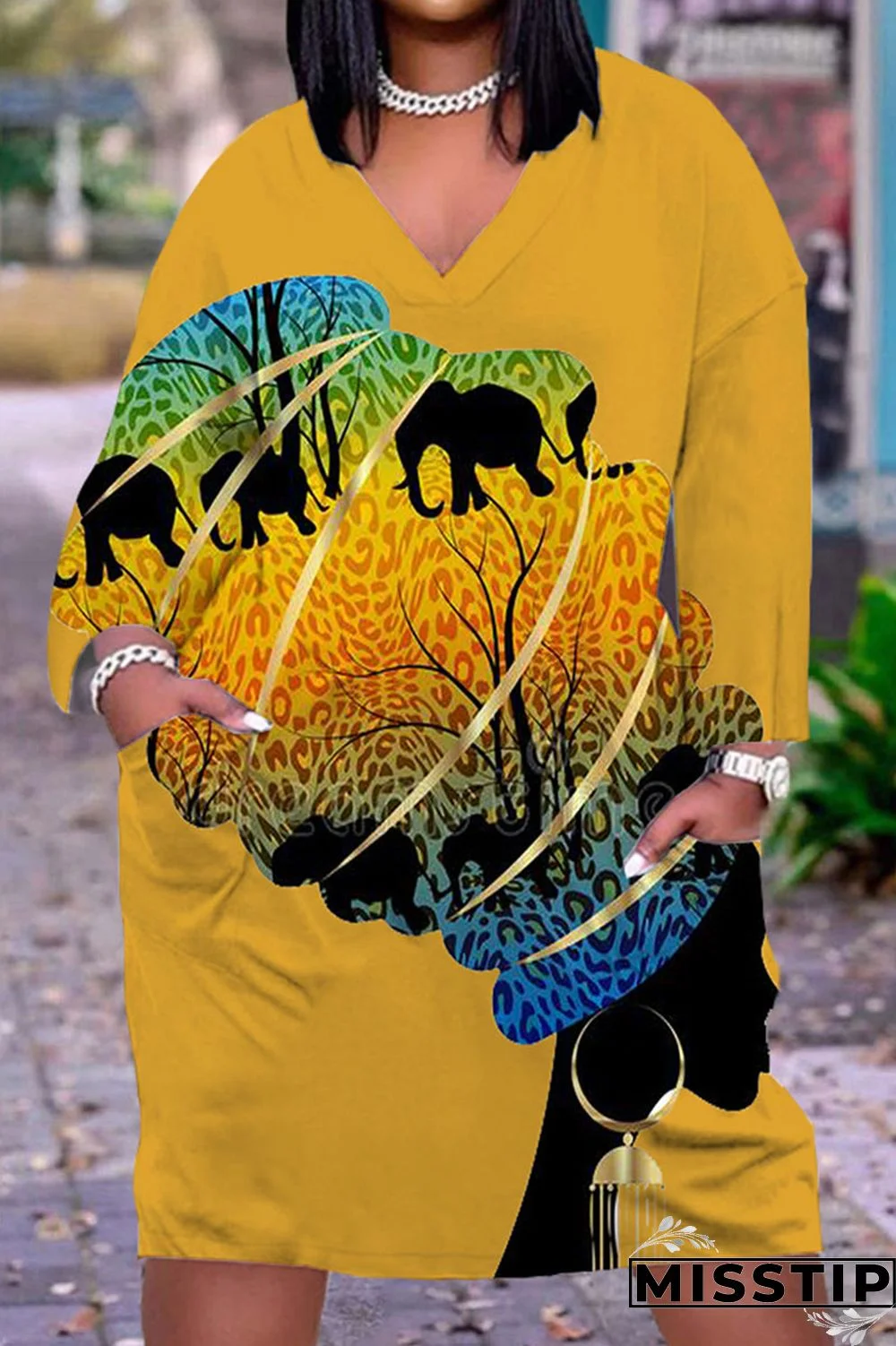 Black Casual Street Print Patchwork V Neck Straight Dresses