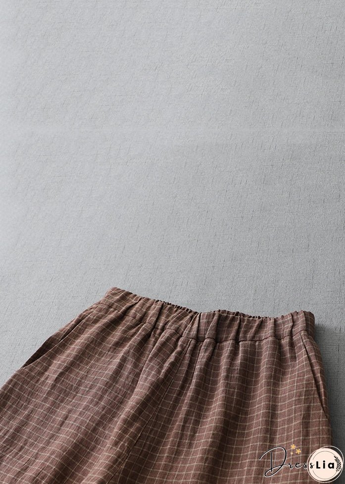 Plus Size Plaid Pockets Elastic Waist Linen Crop Pants Summer