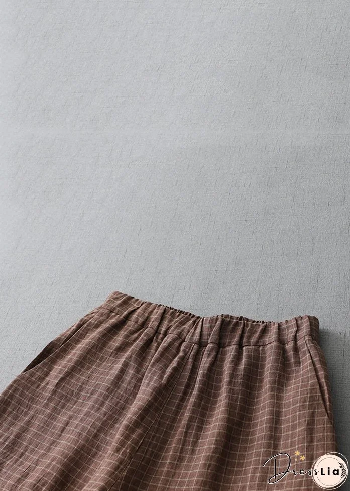 Plus Size Plaid Pockets Elastic Waist Linen Crop Pants Summer