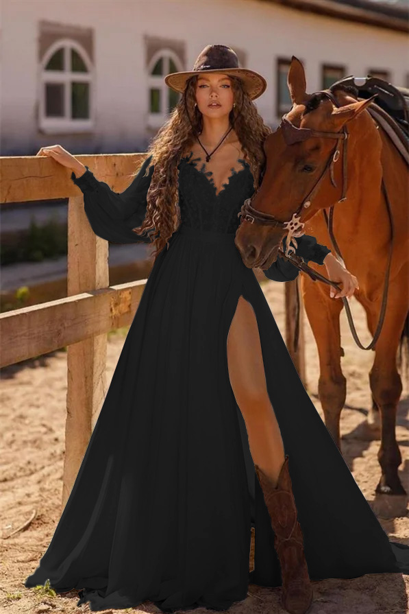 Long Sleeve White Lace Split Wedding Dress