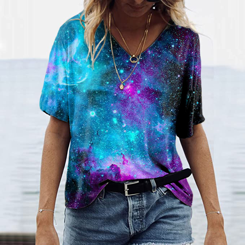 Star Print V-Neck T-Shirt  artssus