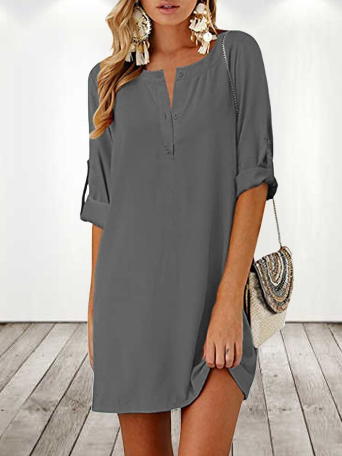 Women's Casual Solid 3/4 Sleeve Cotton Dress