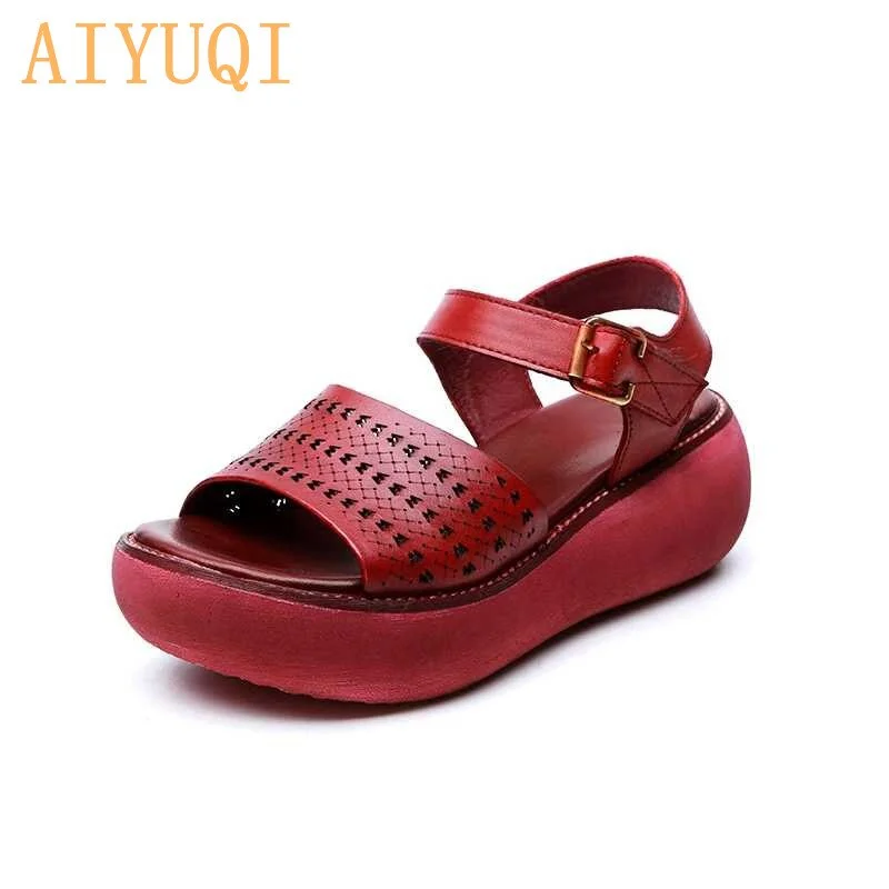 AIYUQI  Women sandals platform wedges shoes 2021 new sandals women genuine leather open toe retro hollow women's summer footwear