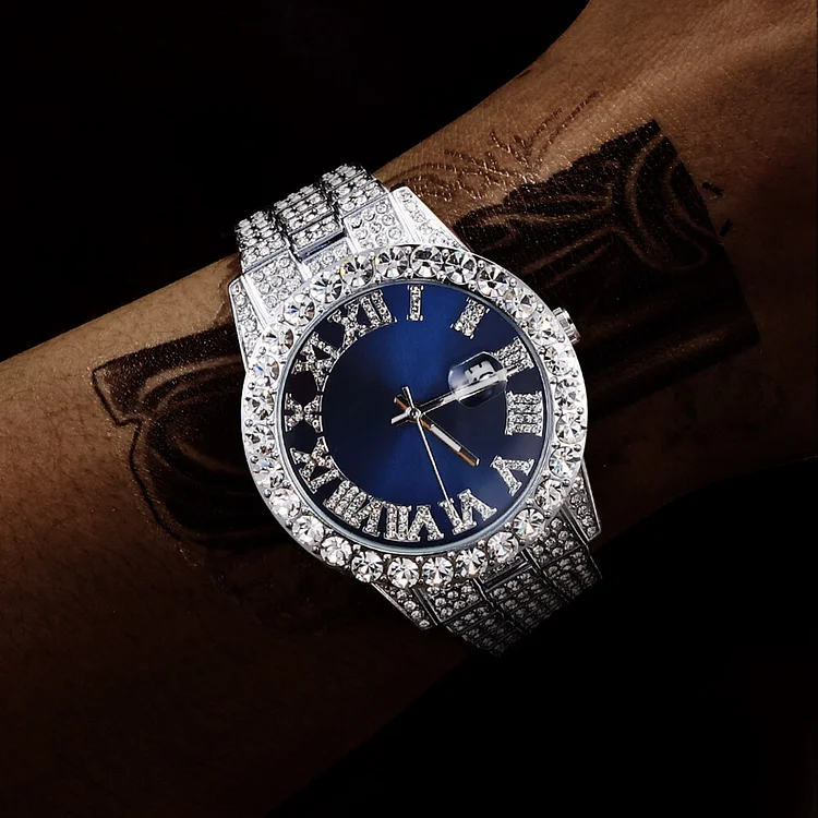Vessful Men's Hip Hop Round Dial Red&blue Bling Iced Out Diamond Watch-VESSFUL