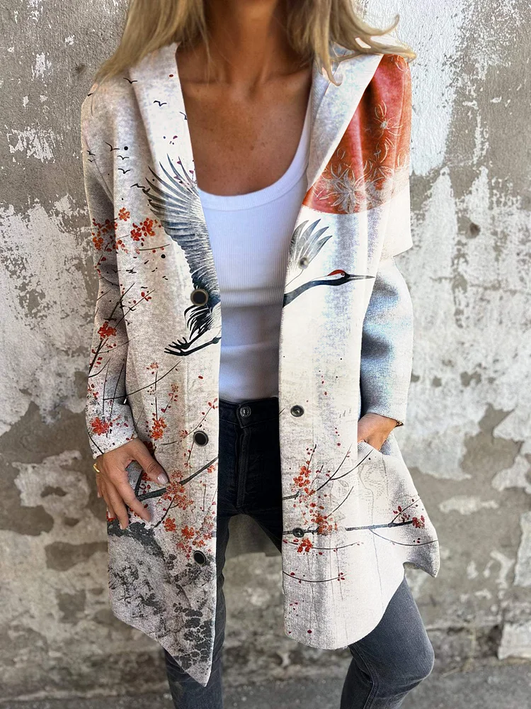 Japanese Style Crane and Sun Floral Print Long Sleeve Hooded Jacket