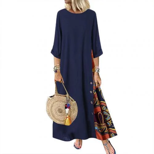 Plus Size Women Vintage O Neck 3/4 Sleeve Side Buttons Printed Loose Long Dress Suitable for party beach work shopping daily