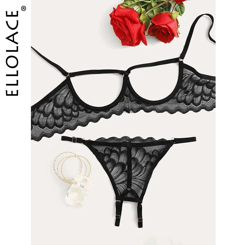 Ellolace Lingerie Set Sexy Hollow Out Lingerie Underwear Set Women's Push Up Bra Erotic Lingerie Sex Underwear For Women