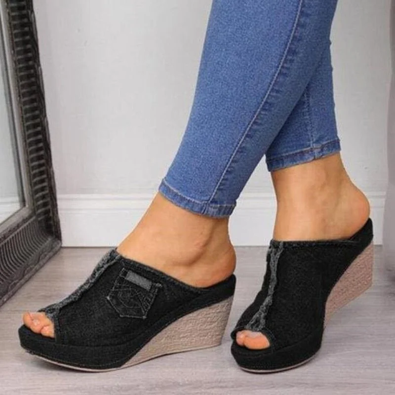 New Brand Hot Women's High Heels Fashion Denim Slippers Women Wedge Heel Toe Platform Shoes Large Size 35-43 Zapatos De Mujer