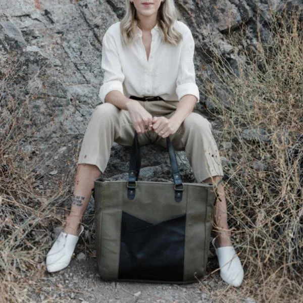 Full Grain Leather Canvas Laptop Tote Bag