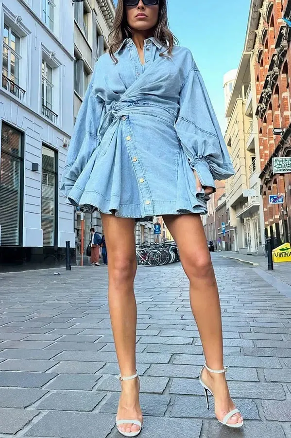 Denim Wrap Mini Dress with Balloon Sleeves