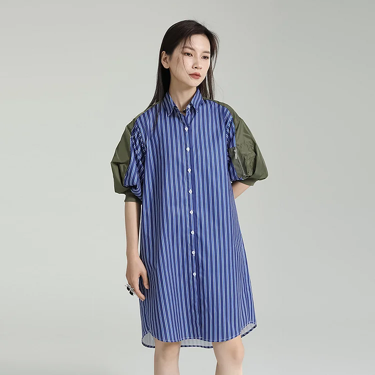 Niche Design Striped Puff Sleeve Mini Dress - yankia