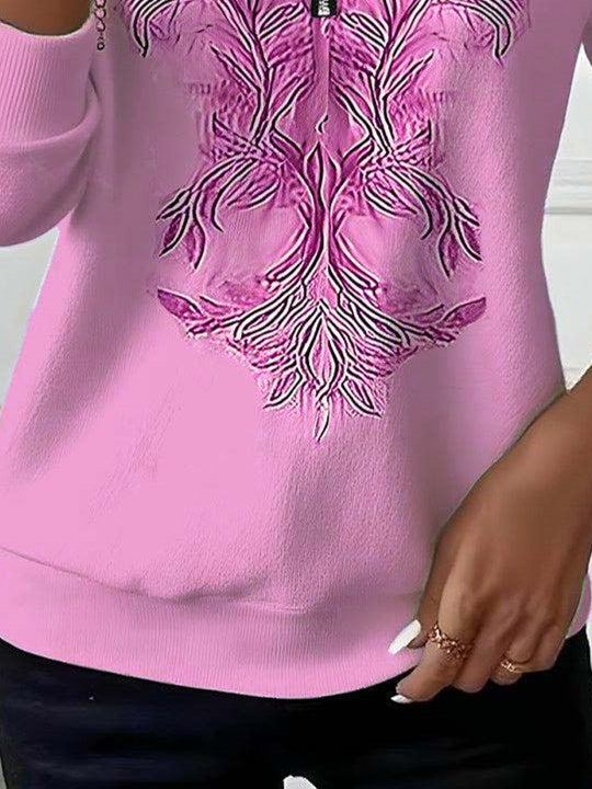 Women Long Sleeve Scoop Neck Floral Printed Graphic Zipper Tops