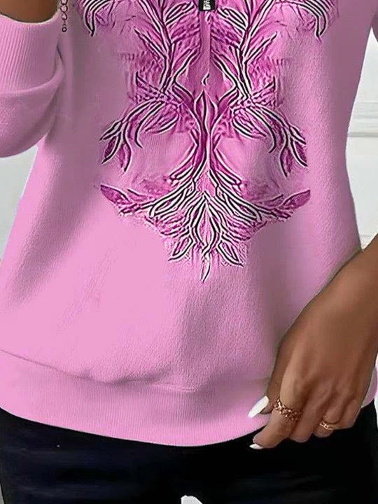 Women Long Sleeve Scoop Neck Floral Printed Graphic Zipper Tops