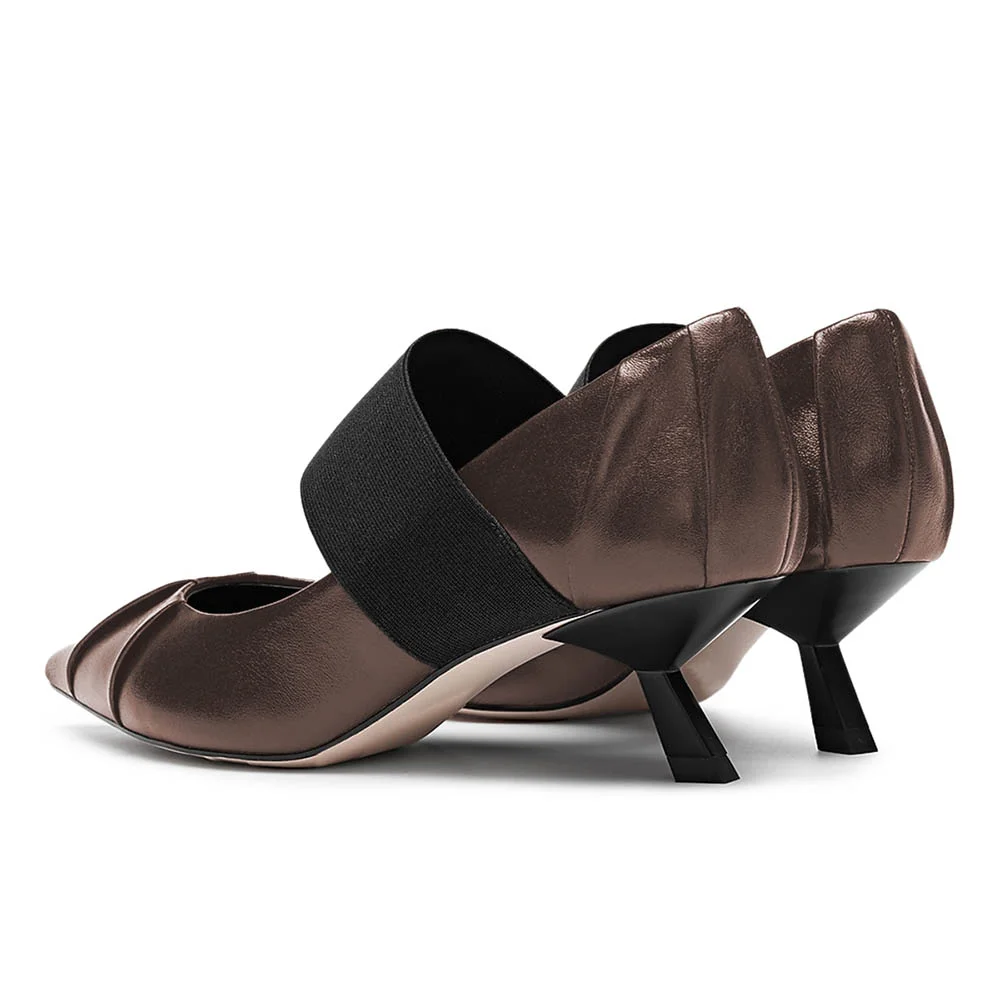 Brown Pleated Pointed Toe Elastic Band Kitten Heel Pumps for Women