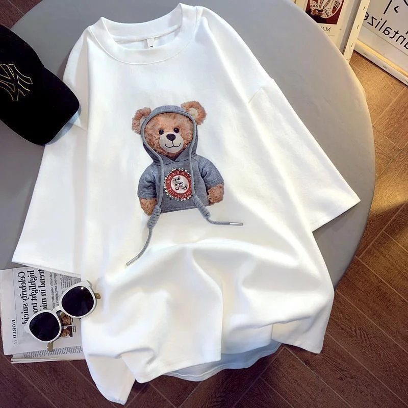 Harajuku Womens T-Shirts Oversized Couple Tee Cute Diamonds Rope Bear Tshirt Summer Loose Casual Kawaii Crew Neck Tops Plus Size