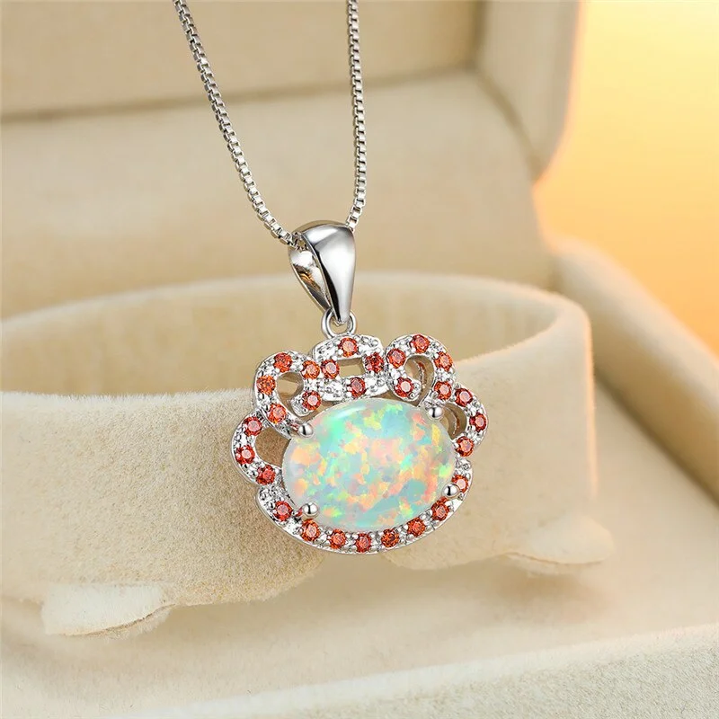 Dainty Female White Opal Pendant Necklace Cute Zaircon Hollow Chain Necklaces For Women Charm Silver Color Oval Wedding Necklace