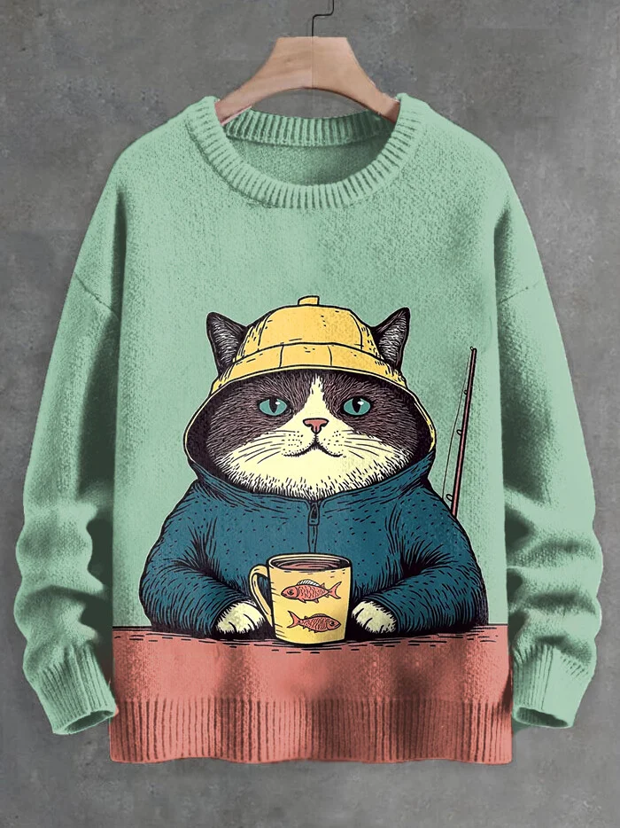 Men's Cat Fisherman Contrasting Color Art Knit Sweatshirt