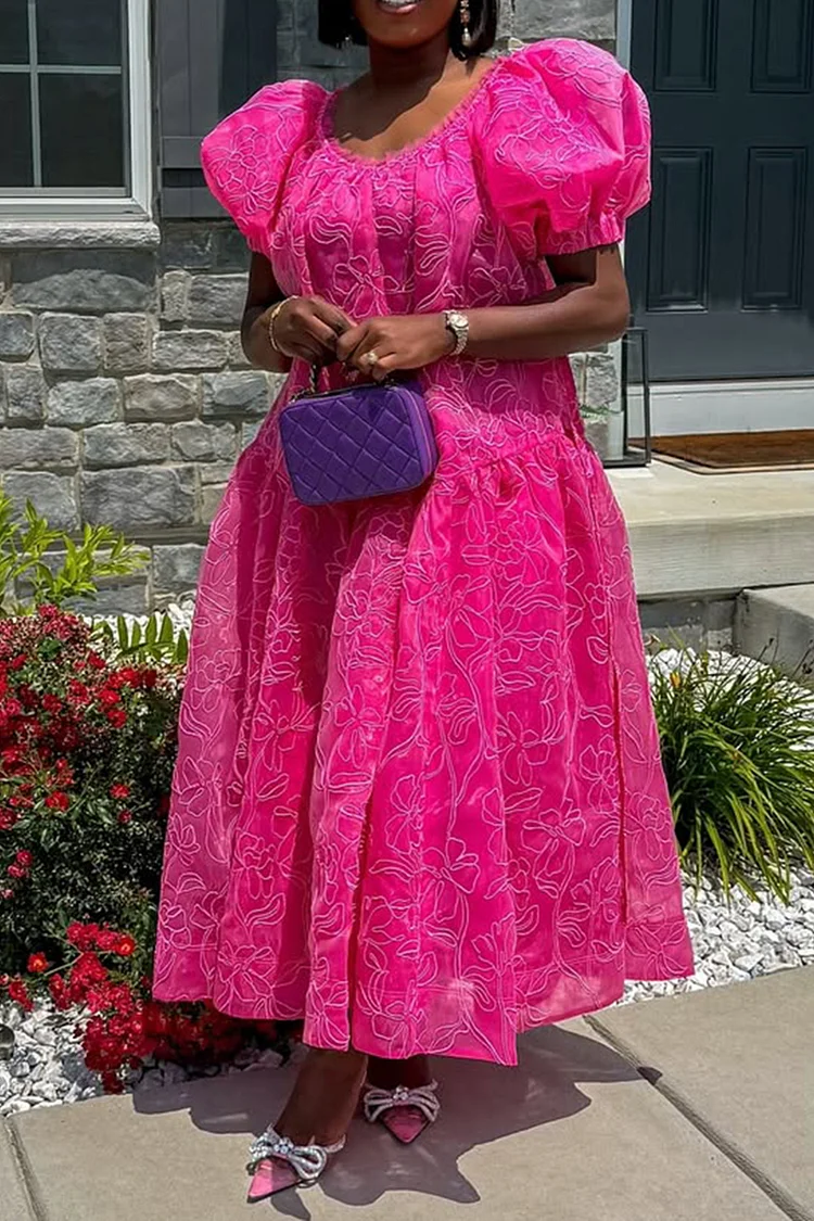 Plus Size Prom Hot Pink Round Neck Puff Sleeve Short Sleeve Wrap Elegant Maxi Dresses [Pre-Order] 2024 - Xpluswear