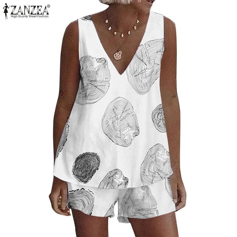 ZANZEA Summer Matching Sets Women Casual Sleeveless Short Sets Solid Tanks Tops and Shorts 2PCS Loose Cotton Suits Home wear