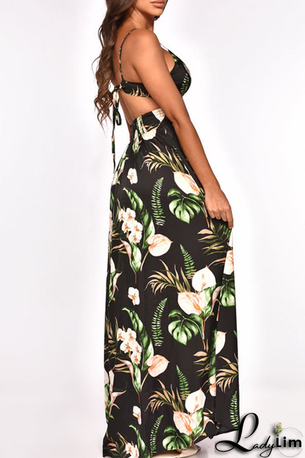 Burgundy Fashion Sexy Print Bandage Backless Slit Spaghetti Strap Long Dress Dresses