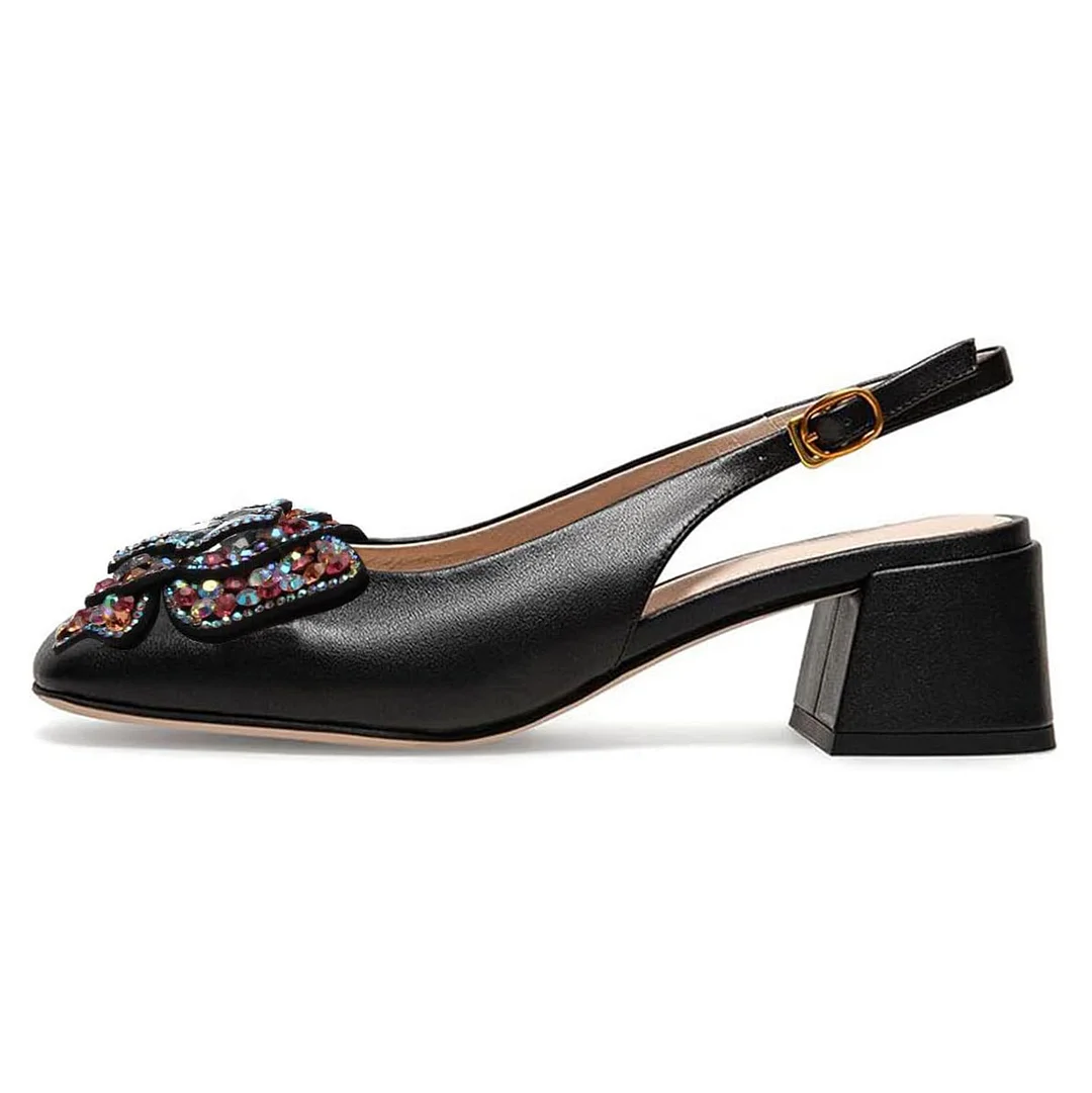 Black Vegan Leather Rhinestone Butterfly Decor Slingback Pumps