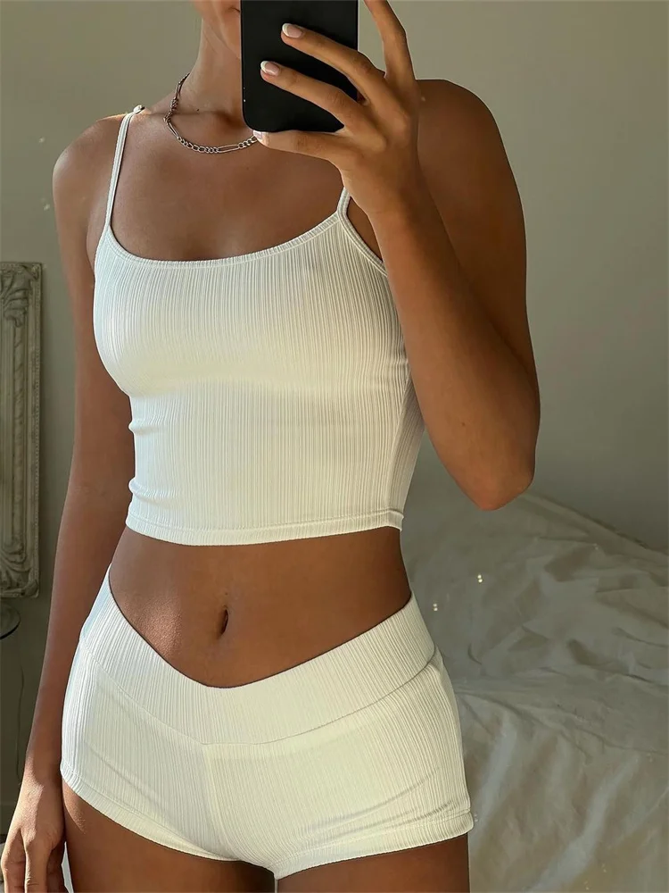 Colourp 2023 New Summer 2 Pieces Sets Women Ribbed Outfits Sleeveless Strap V-neck Slim Fit Camis Vest Tops Low Waist Shorts