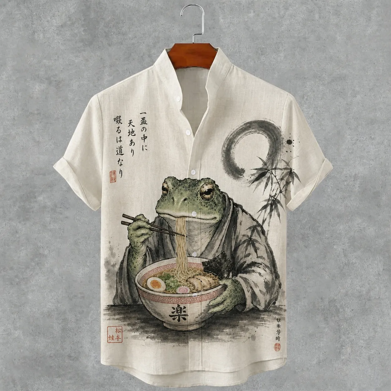 Men's Retro Japanese Style Samurai Frog Print Linen Blend Short-sleeve Shirt  artssus