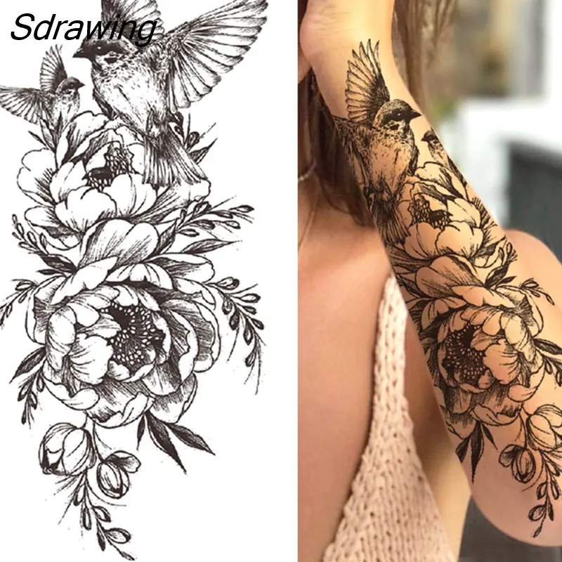 Sdrawing Fake Peony Temporary Tattoos For Women Girl Black Rose Elephant Flower Tattoo Sticker Tiger Anemone Tatoos Half Sleeve 1020-0