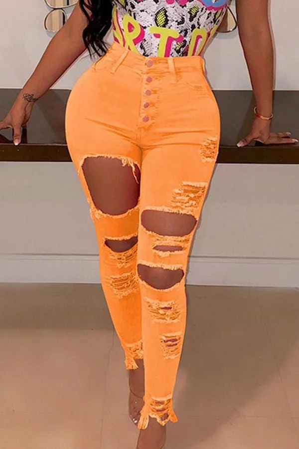 Casual High Waist Broken Holes Jeans