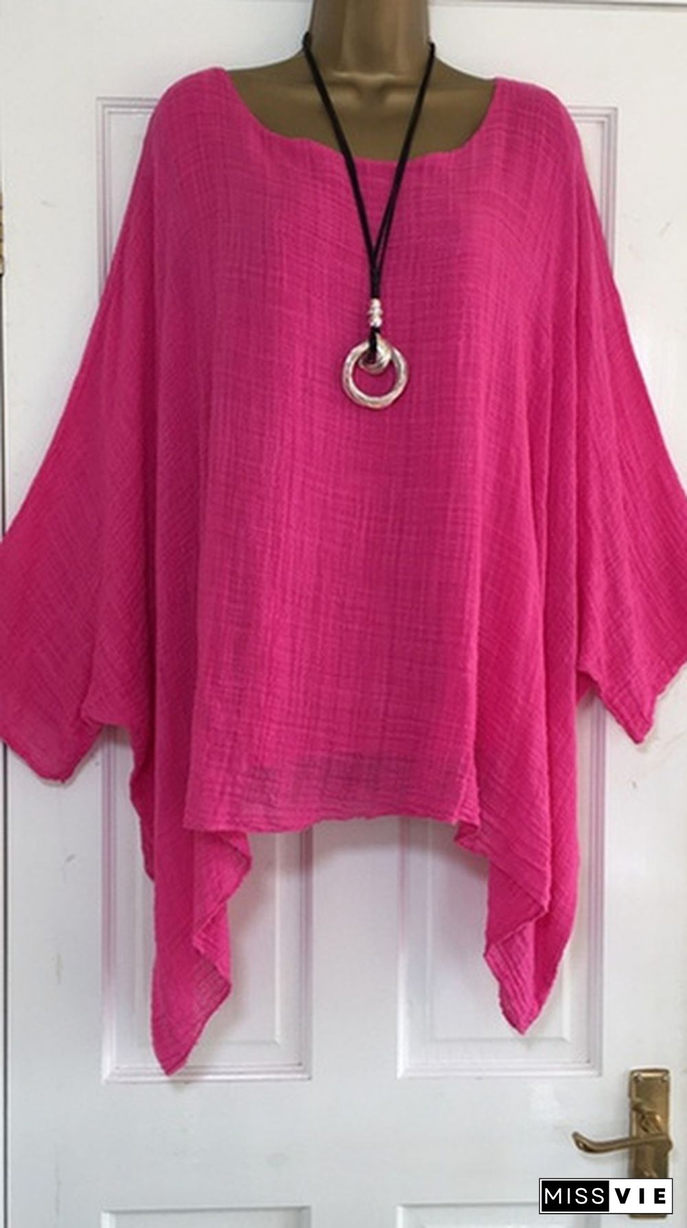 Autumn Fashion Batwing Sleeve Solid Color Plus Size Loose O-neck Casual Blouse Top