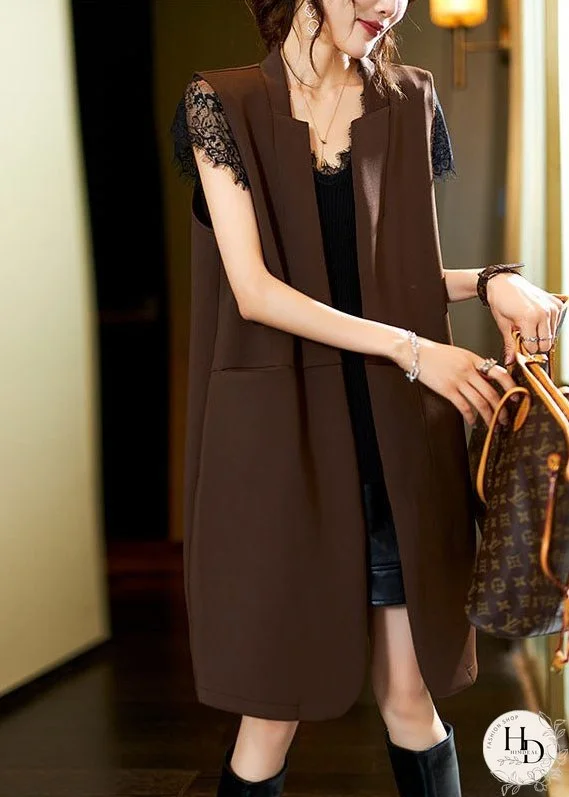 Stylish Coffee V Neck Patchwork Long Waistcoat Sleeveless
