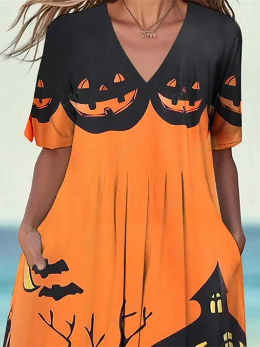 Women Short Sleeve V-neck Colorblock Pumpkin Printed Halloween Midi Dress