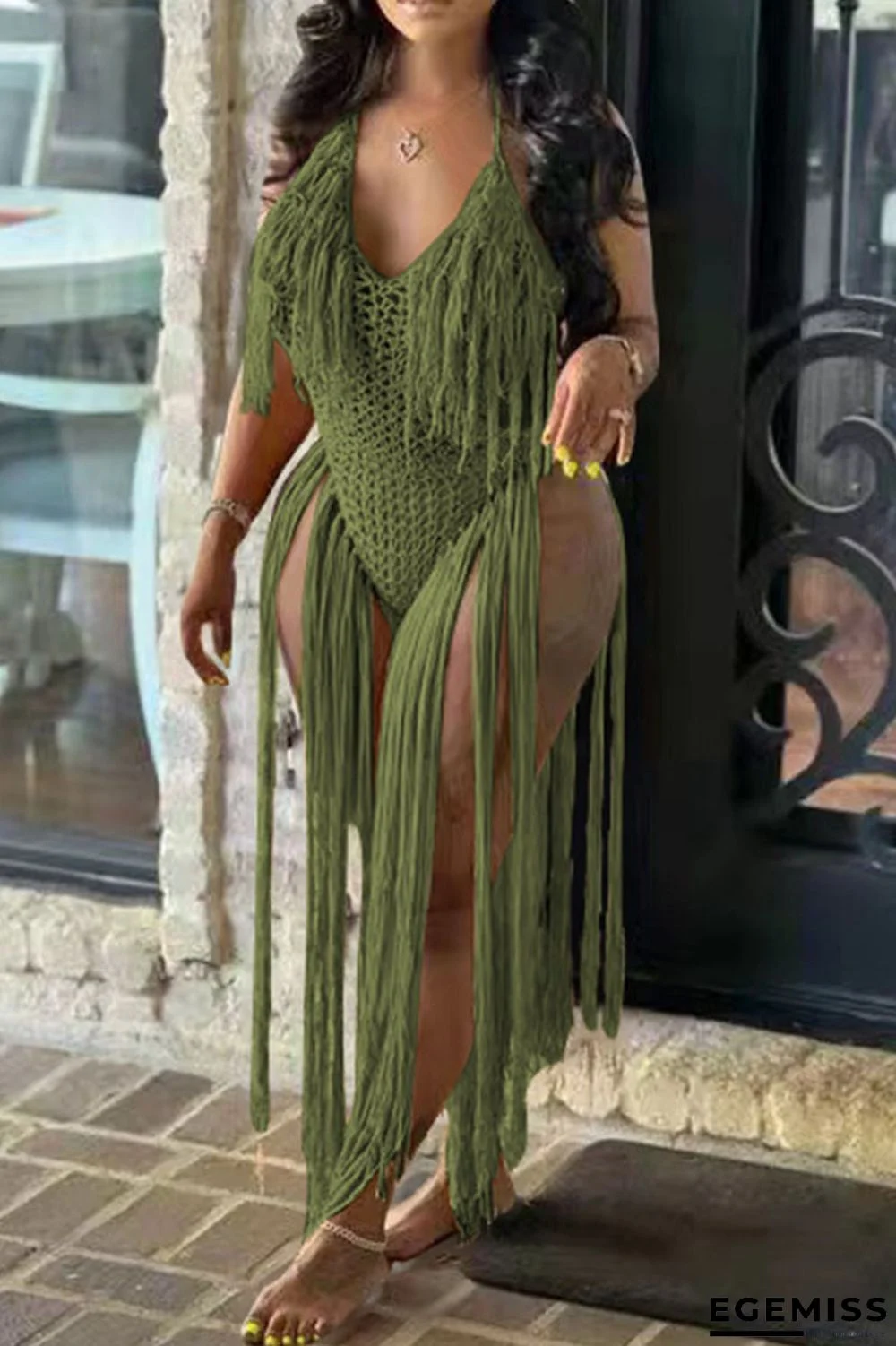 Army Green Sexy Solid Tassel Hollowed Out Patchwork Swimwears Cover Up | EGEMISS